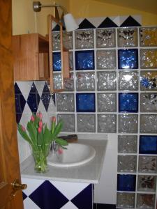 uma casa de banho com um lavatório e um vaso de flores em La Llosa Rodré em Guimarán