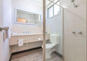 a bathroom with a toilet and a sink and a mirror at Burwood East Motel in Burwood