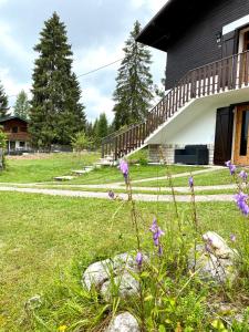 a house with purple flowers in the yard at Casa Gastagh - Intera casa con giardino privato in Gallio