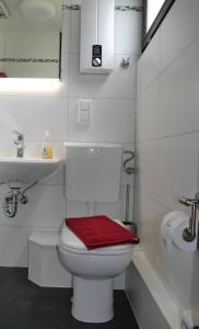 a white bathroom with a red towel on a toilet at Ferienhaus im Nordschwarzwald Haus Kira in Schellbronn