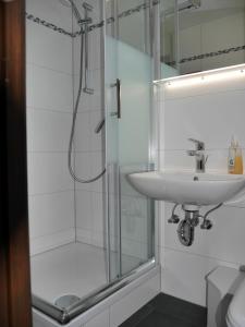 y baño con lavabo y ducha. en Ferienhaus im Nordschwarzwald Haus Kira, en Schellbronn