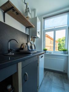 uma cozinha com um lavatório e uma janela em SUNBEAM DESIGN APARTMENT em Riga