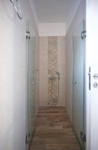 a bathroom with a shower with a glass door at Diasino Apartments and Car Rental in Katapola