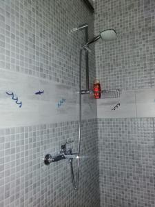 a shower in a bathroom with blue writing on the wall at Apartments & Rooms 4 Rijeke in Karlovac