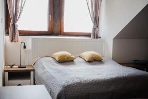 a bedroom with a bed with two pillows on it at Apartmány na náměstí in Šumperk