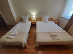 two twin beds in a room with a window at Przystanek Czapla in Czaplinek