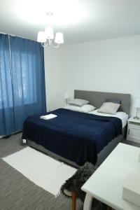 - une chambre avec un grand lit doté de draps bleus et d'oreillers blancs dans l'établissement Penzion Agrothermal, à Bešeňová