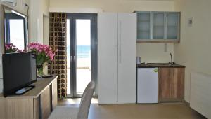 a kitchen with a refrigerator and a tv in it at Panorama Hotel in Agia Marina Aegina