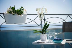 a table with glasses and plants on a balcony at Residence Panoramic in Maiori