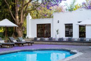 a white house with a swimming pool and lounge chairs at Stellenhof Guest House in Addo