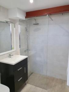 a bathroom with a sink and a glass shower at Les couchers de soleil à Empuriabrava in Empuriabrava