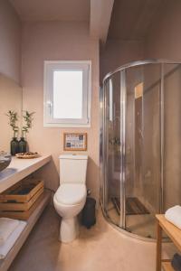 a bathroom with a toilet and a shower at Acropolis View - Living Stone Sapphire Apartment in Athens
