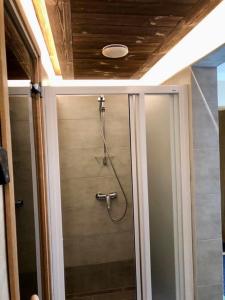 a shower in a bathroom with a glass door at Veeriku Villa in Tartu