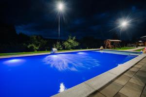 a blue swimming pool at night with two lights at Pensiunea Biz Panzió in Corund