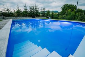 una piscina azul con árboles en el fondo en Pensiunea Biz Panzió en Corund