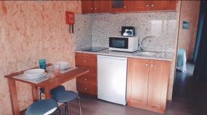eine Küche mit einem weißen Kühlschrank und einer Mikrowelle in der Unterkunft MyStay - Bungalows in Quinta dos Sobrais in Valença