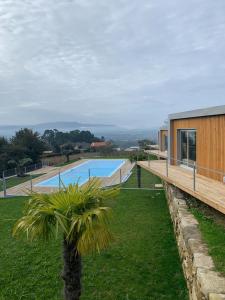 ein Haus mit einer Palme neben einem Pool in der Unterkunft MyStay - Bungalows in Quinta dos Sobrais in Valença