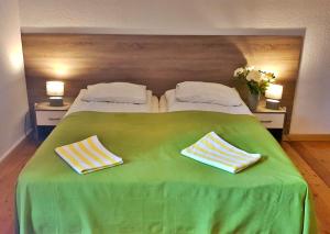 a bedroom with a green bed with two pillows on it at Apartament Zieleniec in #N/A