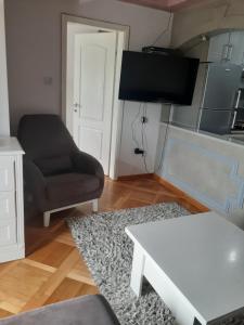 a living room with a white table and a chair at Loznicki stan na dan 2 - stan na dan Loznica in Loznica