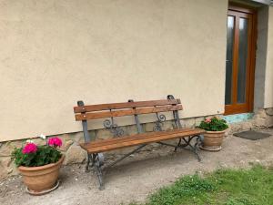 布拉格的住宿－Apartmán U babičky，木凳,坐在两盆植物旁边