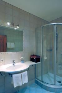 a bathroom with a sink and a shower at Apartments Hubertushof in Dobbiaco