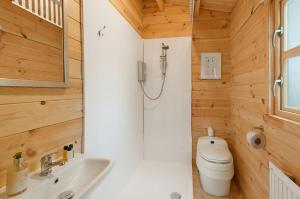 a bathroom with a toilet and a sink at The Lodge with hot tub in Maidstone