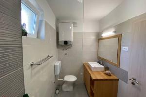 uma casa de banho com um WC, um lavatório e um espelho. em A lovely and cozy room with a breathtaking view 2 em Vis