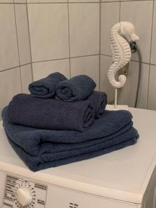a pile of towels sitting on top of a washing machine at Cityapartment direkt am Hafen in Friedrichshafen