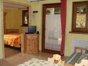 a bedroom with a bed and a tv and a window at Residence Les Myosotis in Champoluc