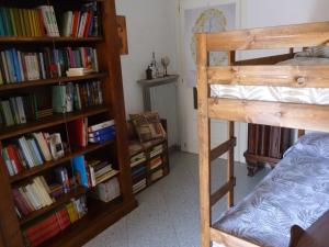 a bedroom with a bunk bed and a book shelf with books at L'Elefantino - Bed and Book in Roccasparvera