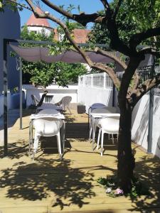 eine Gruppe von Tischen und Stühlen unter einem Baum in der Unterkunft Coimbra Monumentais B&B in Coimbra