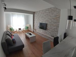 uma sala de estar com um sofá e uma parede de tijolos em Piso Reconquista em Oviedo