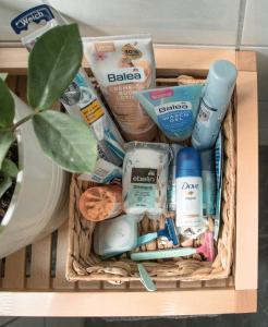 a basket filled with different types of products at Wohlfühl-Apartment Sinsheim, Nähe Therme und Museum in Sinsheim