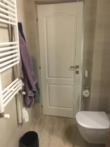 baño con puerta blanca y aseo en True Modern - apartment, en Valea Lupului