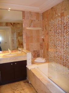 ein Badezimmer mit einer Dusche, einem Waschbecken und einer Badewanne in der Unterkunft Appartement Relais de la Reine Cannes Croisette in Cannes