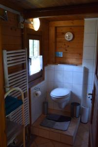 a small bathroom with a toilet and a window at Gemütliches Blockhaus, Waldblick, Nähe BER/SXF in Berlin