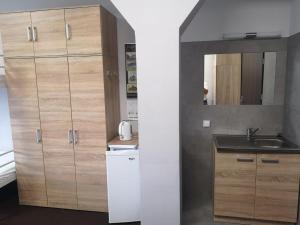 a kitchen with a sink and wooden cabinets at Hostel Anilux in Jelenia Góra