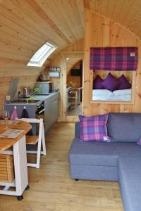 a living room and kitchen in a log cabin at Loch Cromore Holiday Pods in Cromore