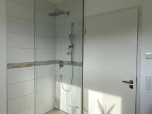 um chuveiro com uma porta de vidro na casa de banho em Ferienwohnung Weinbergblick em Mehring