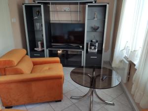 uma sala de estar com um sofá e uma mesa de vidro em Apartment with private garden and terrace em Crikvenica