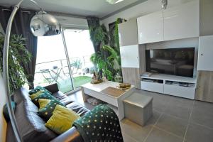 a living room with a couch and a tv at Appartement de L'Espiguette in Le Grau-du-Roi