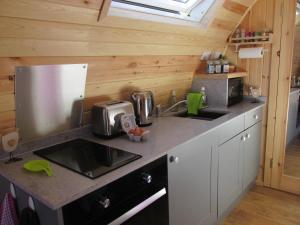 a kitchen with a sink and a counter top at Loch Cromore Holiday Pods in Cromore