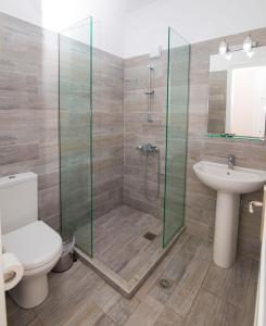 a bathroom with a shower and a toilet and a sink at Nefeli in Vasiliki