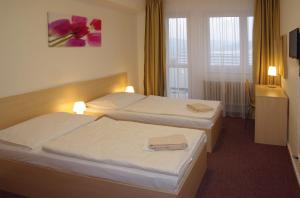 a hotel room with two beds and a television at Hotel Centrum Brno in Brno