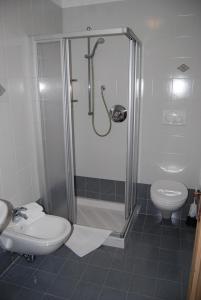 a bathroom with a shower and a toilet and a sink at Residence Ciasa Alpe in Vigo di Fassa