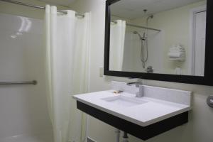 a bathroom with a sink and a mirror and a shower at Kings Inn in Rome