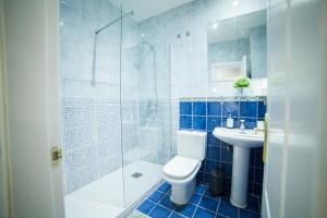 a blue tiled bathroom with a toilet and a sink at Apartments Madrid Principe in Madrid +90 photos