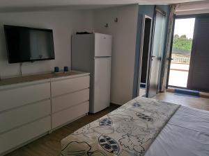 eine Küche mit einem Kühlschrank und einem TV in der Unterkunft villa peppino in Montallegro