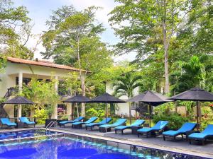 a resort pool with blue chairs and umbrellas at Flower Garden Eco Village in Sigiriya