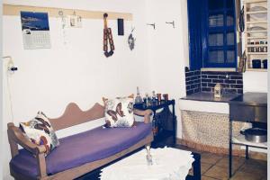 a living room with a couch and a fireplace at Iliana's courtyard in Evdilos